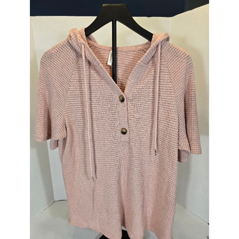 Dokotoo Women's Pink Waffle Knit Hoodie Short Sleeve Button Up Top